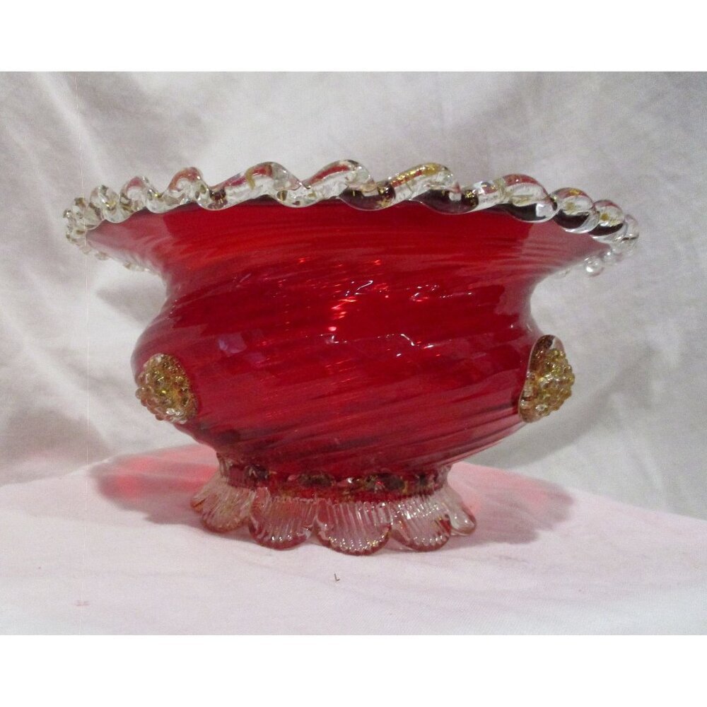 Bowl Vintage Art Blown Glass Golden crown E&R Italy Wedding Anniversary Birthday